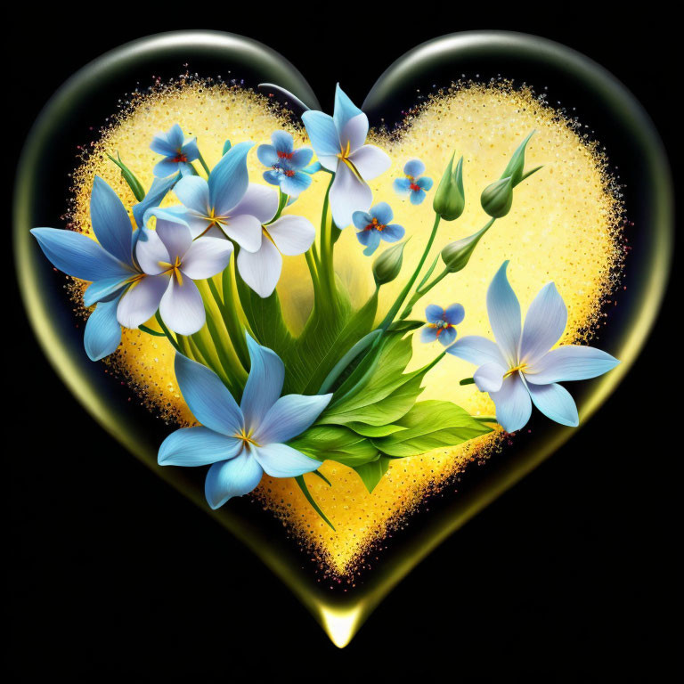 Heart-shaped Yellow Glitter Illustration with Blue Star Flowers and Green Leaves