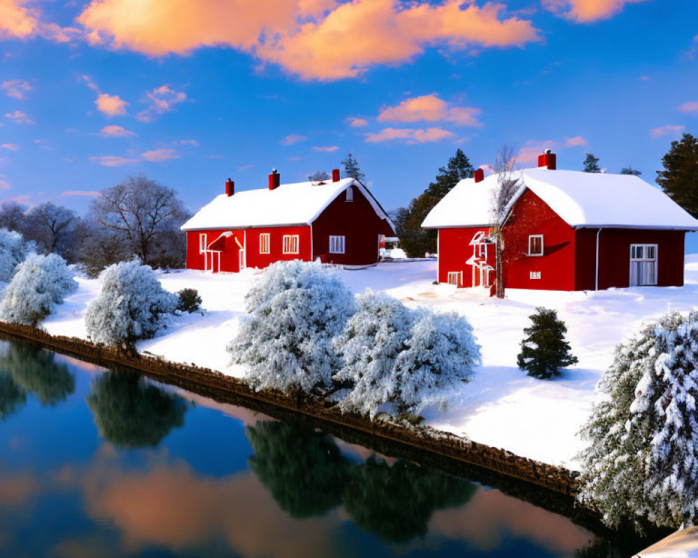 Red houses with white trim in snowy landscape by tranquil river