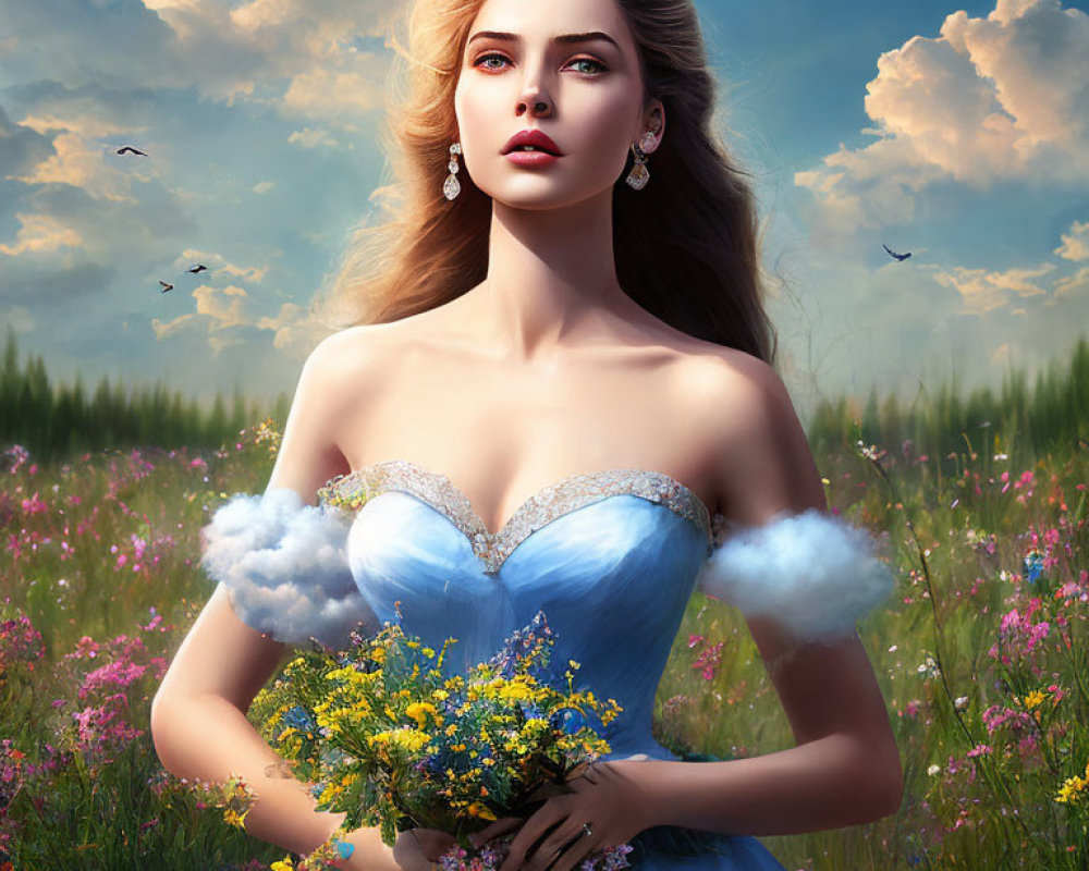 Blonde Woman in Blue Gown with Flowers in Digital Art