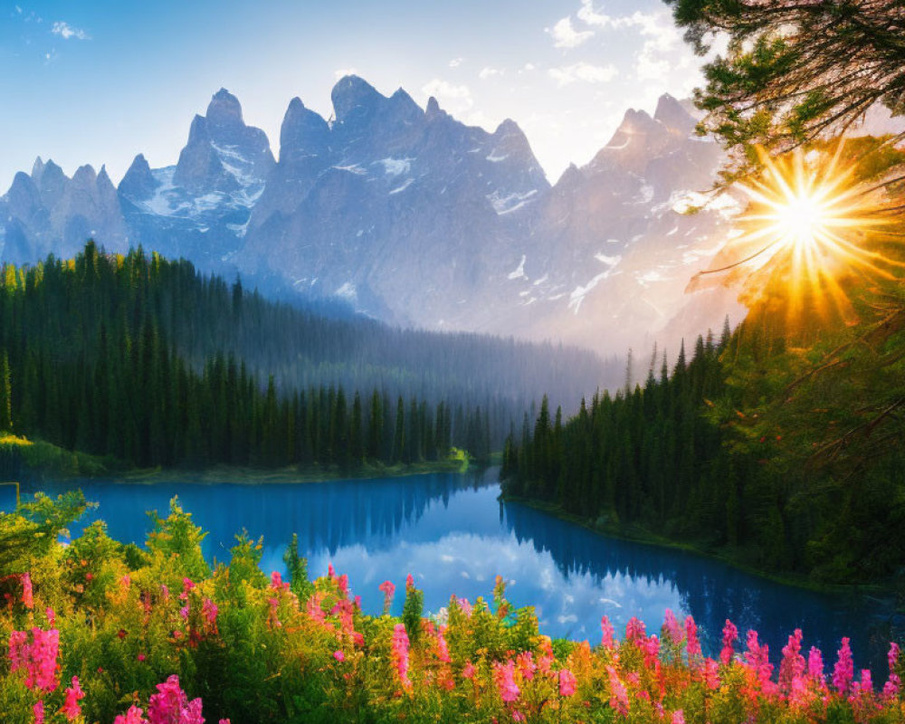 Tranquil alpine lake with sunburst, mountain peaks, wildflowers, and lush trees.