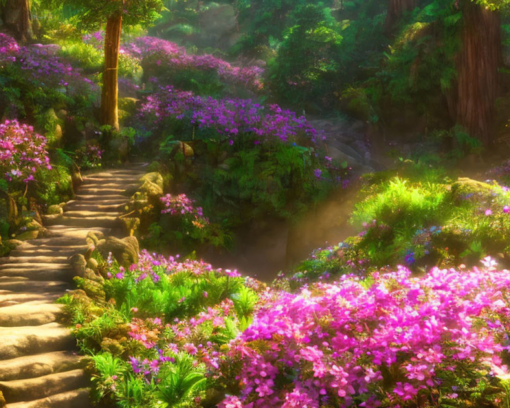 Sunlit Garden Path with Pink Flowers and Forest View