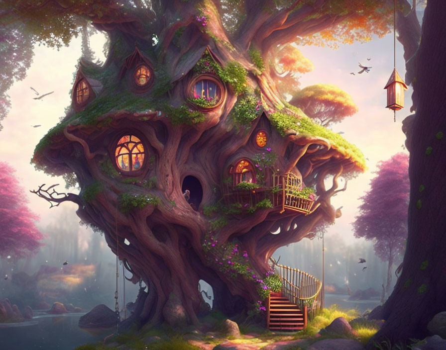 Magical treehouse illustration with whimsical design and serene surroundings