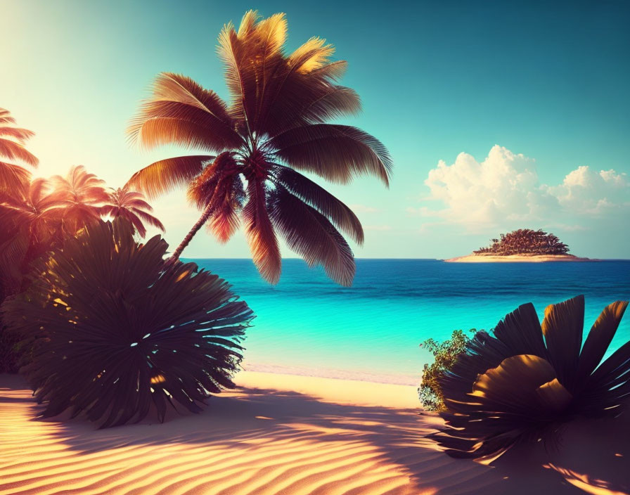 Tropical beach sunset with palm trees and clear blue water