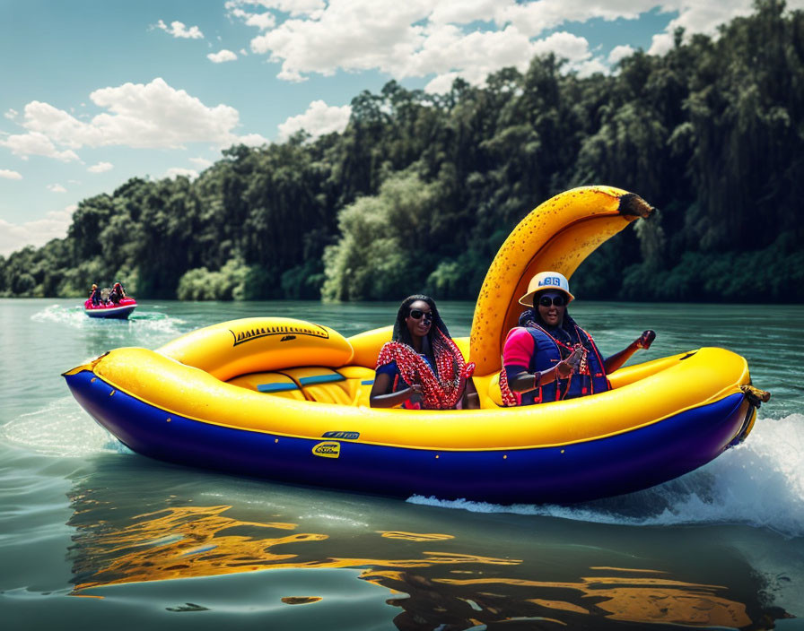 Two Individuals in Life Jackets on Banana Boat in River Landscape