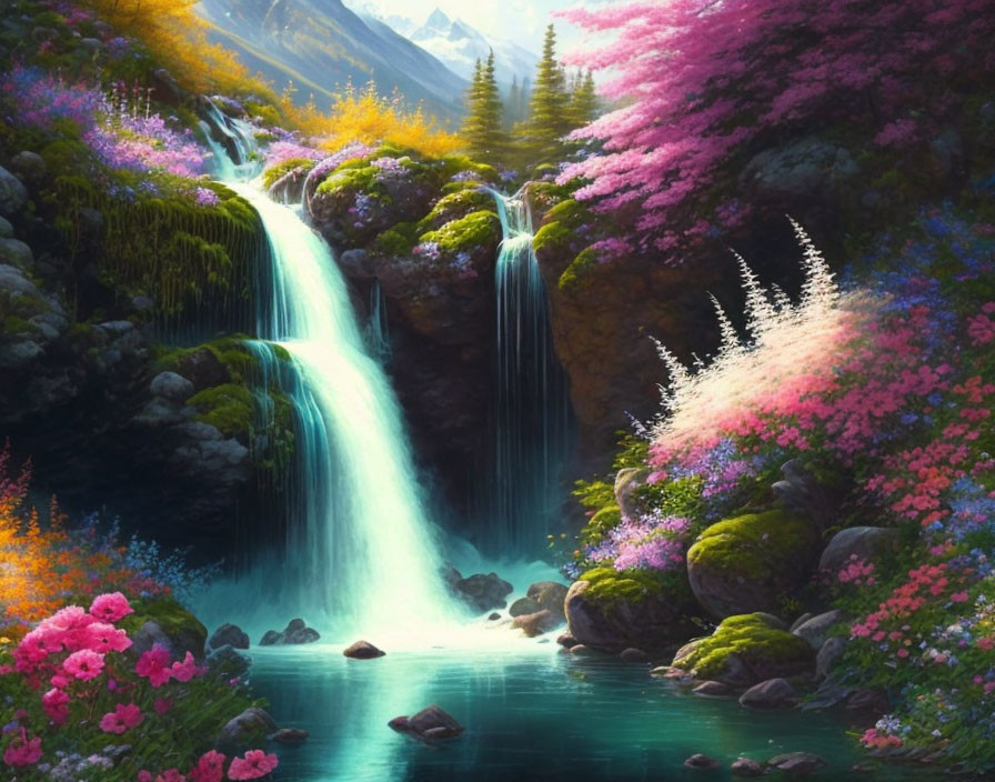 Vibrant landscape with waterfalls, pink and white flora, turquoise water, mountain peaks