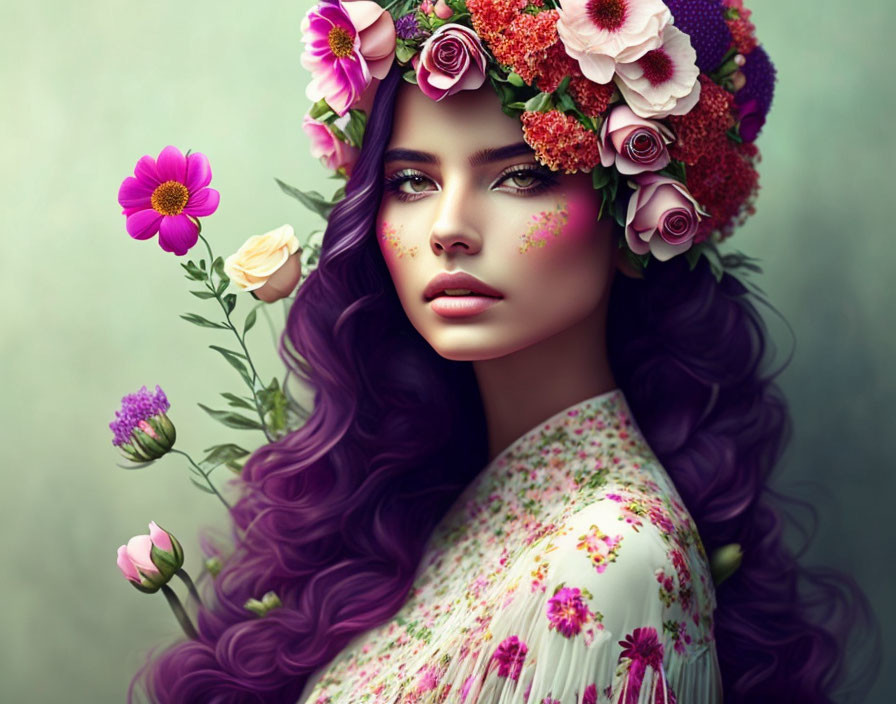 Woman with vibrant purple hair and floral crown in pink and white blooms gazes away surrounded by flowers.