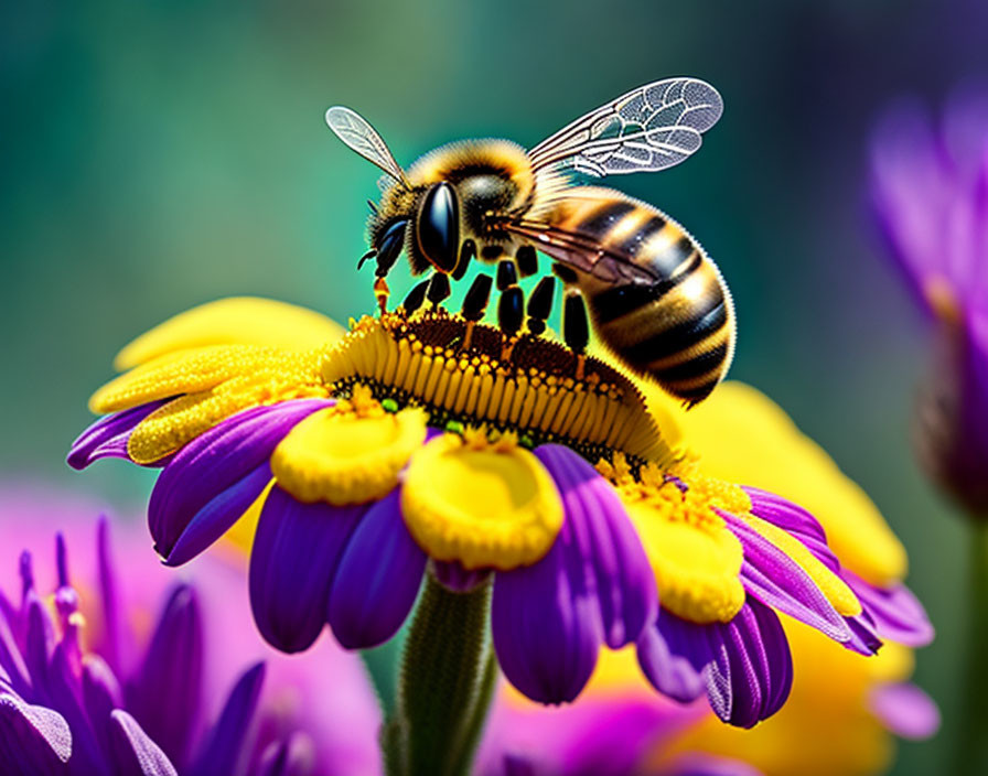 Macro shot of bee pollinating purple and yellow flower on green background