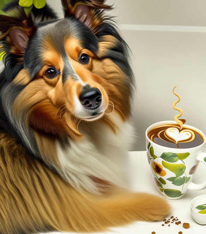 Shetland Sheepdog with heart latte art and coffee beans