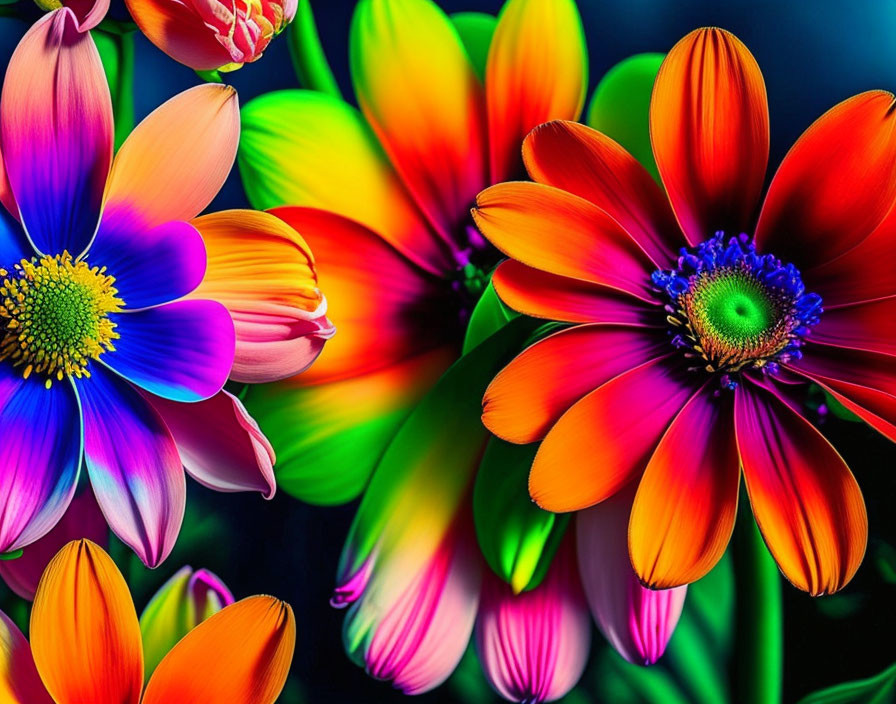 Colorful flowers with detailed petals and vivid cores on dark backdrop