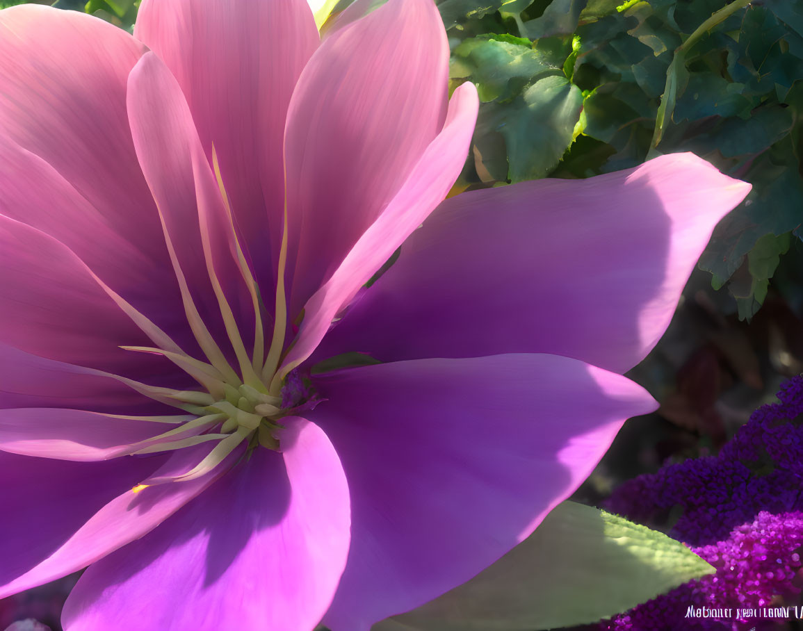 Vibrant pink flower close-up with soft sunlight on green foliage