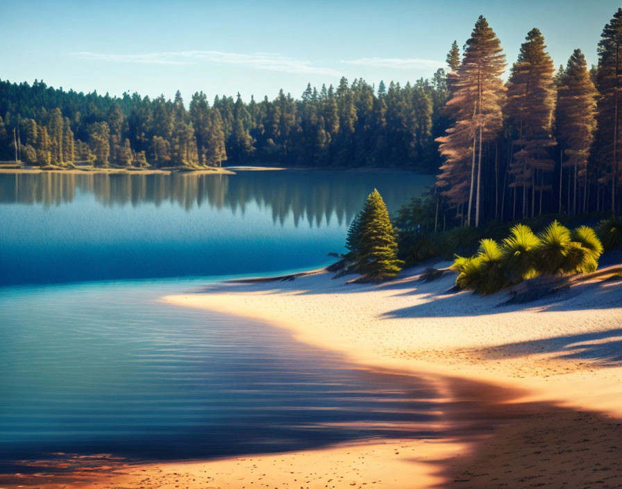 Tranquil Lake Scene with Pine Trees and Sandy Shore