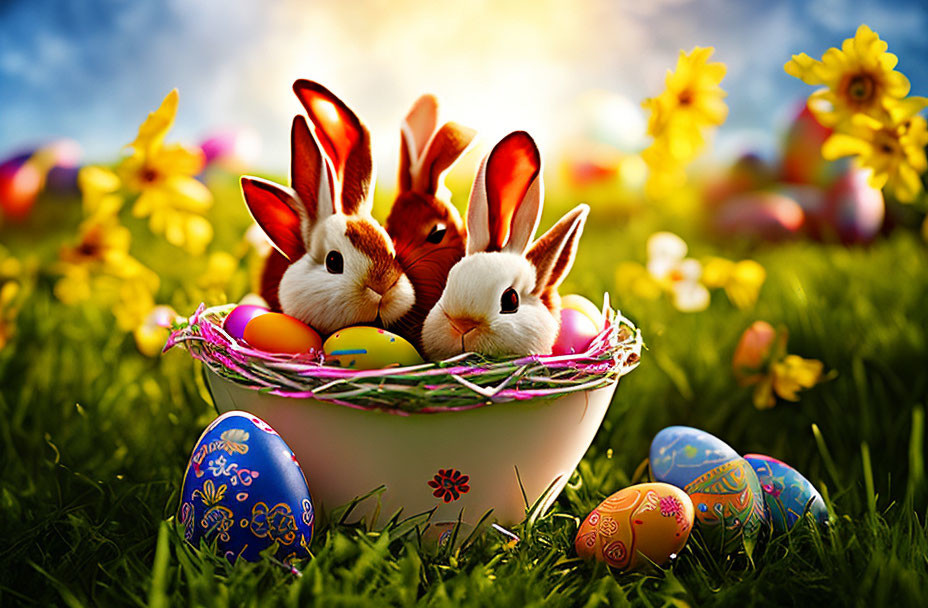 Three bunnies in Easter basket with painted eggs and flowers on grassy field