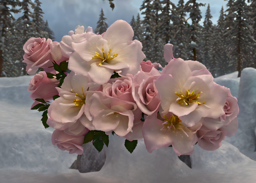 Pink Roses with Yellow Stamens in Snowy Landscape