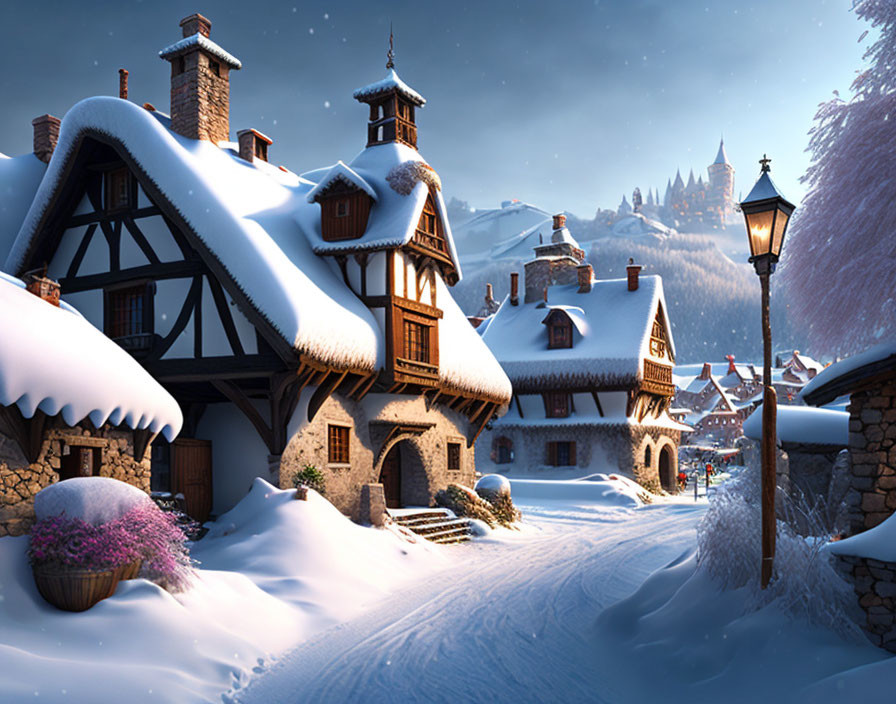 Snowy village scene with traditional cottages, glowing street lamp, and distant castle at twilight