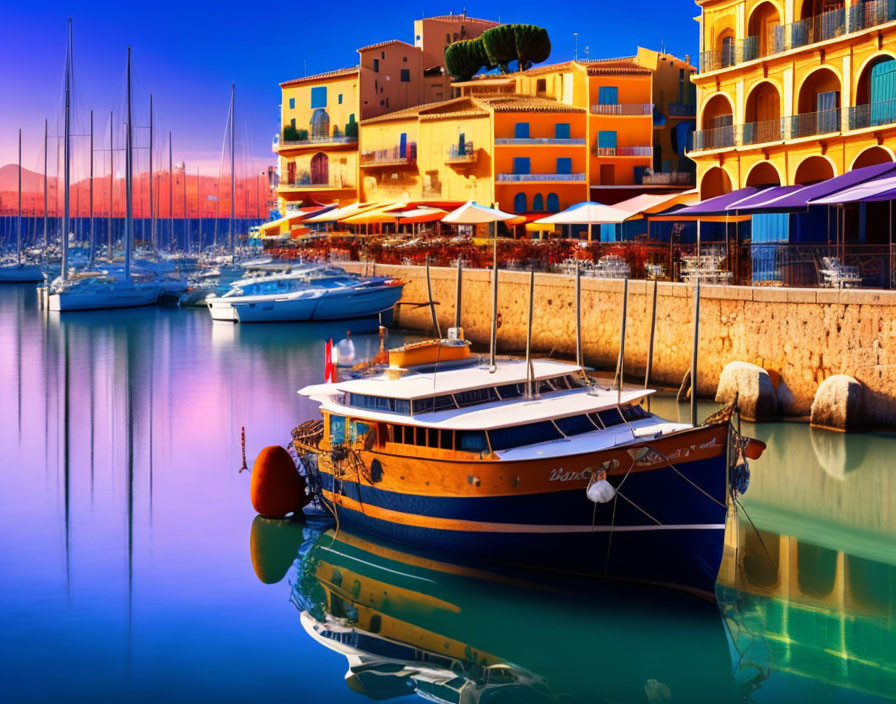 Luxury boats at serene marina with colorful buildings and clear blue sky