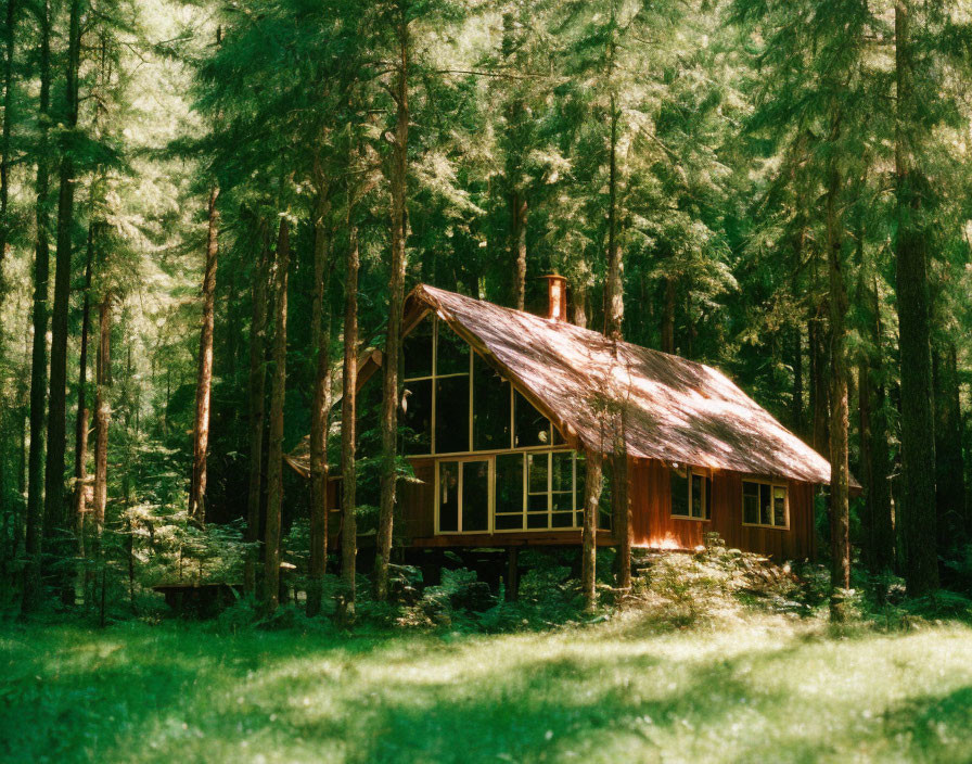 Rustic wooden cabin in lush green forest landscape