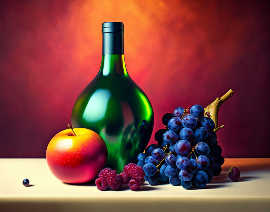 Still-life with Wine Bottle, Grapes, Raspberries, and Apple on Warm Background