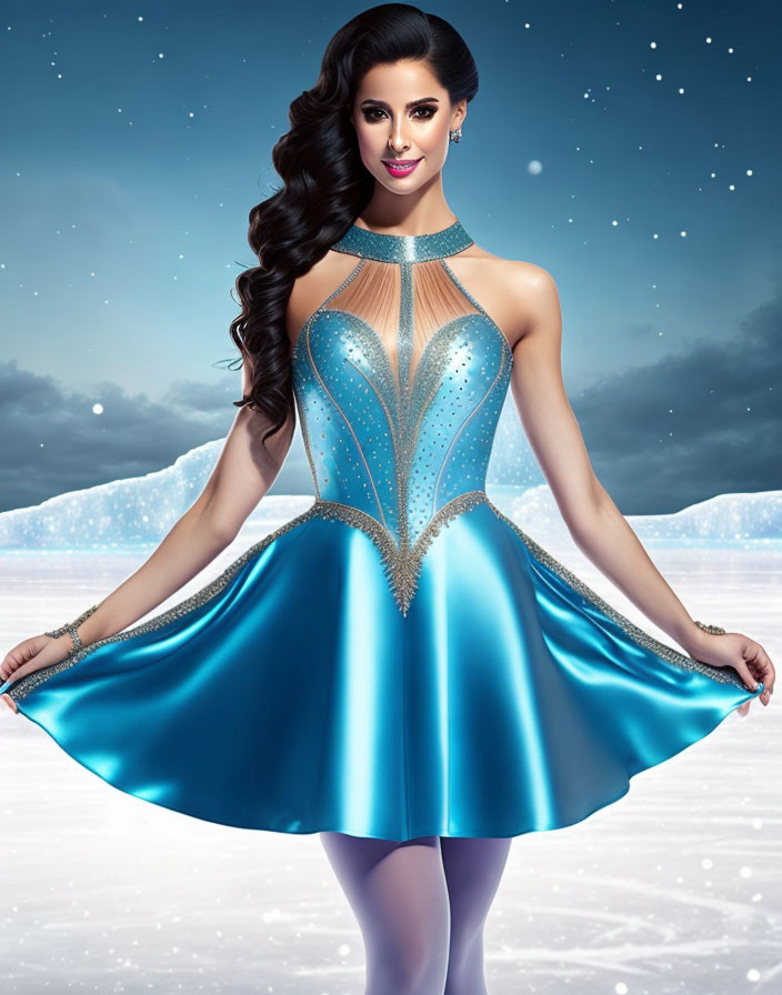 Blue Sparkling Ice-skater Dress with Halter Neckline on Icy Background