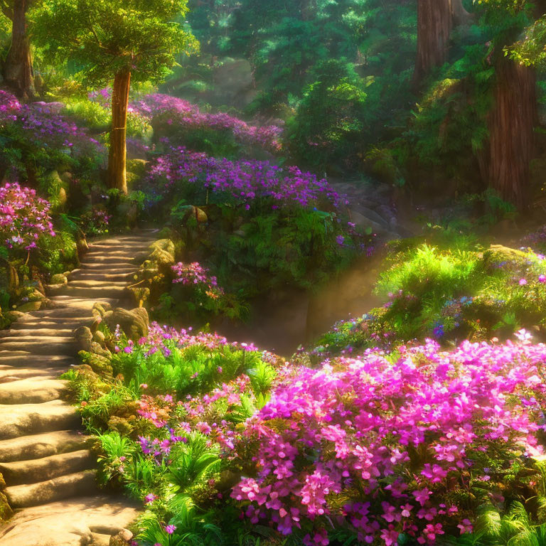 Sunlit Garden Path with Pink Flowers and Forest View