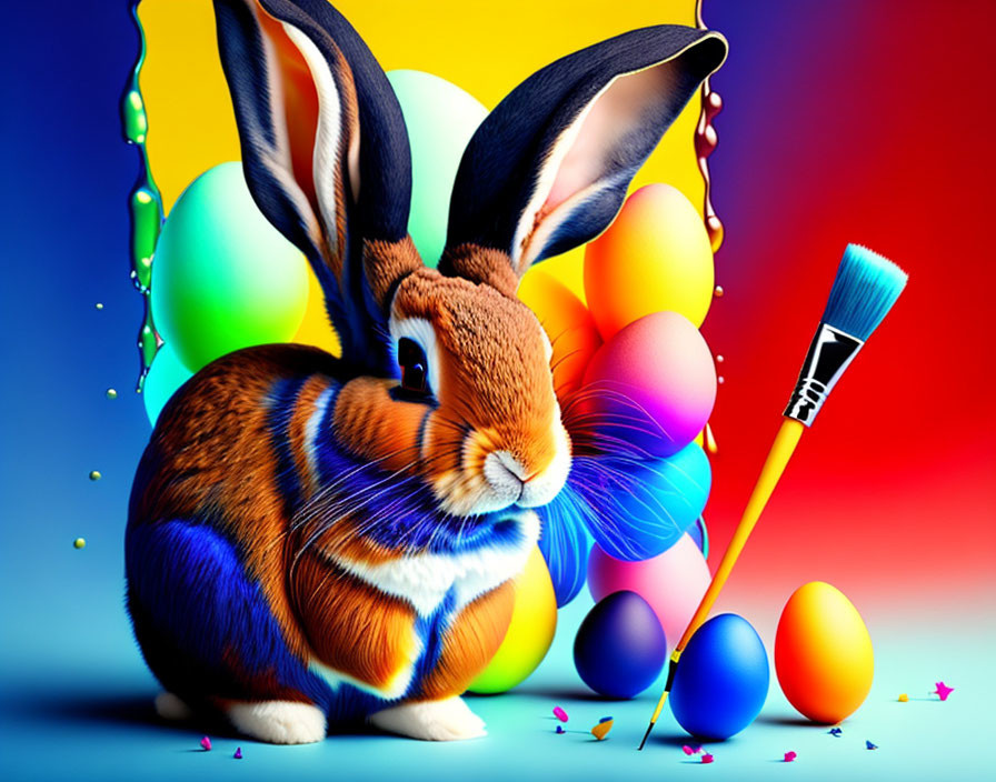 Colorful Easter Rabbit with Eggs and Paintbrush on Bright Background