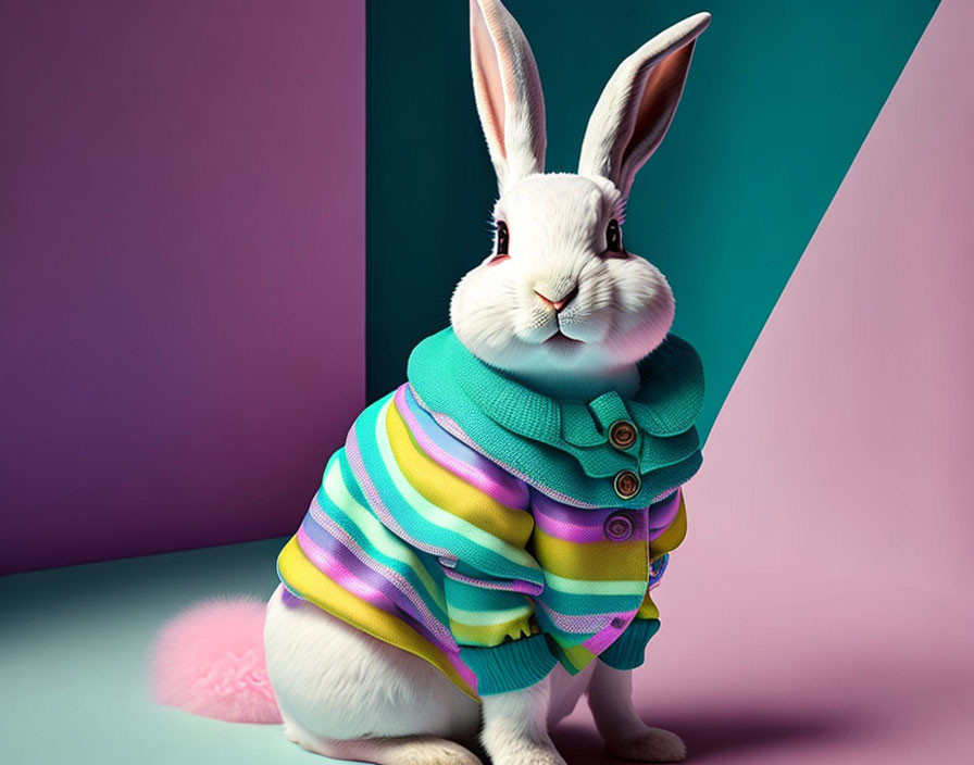 Colorful Striped Sweater Rabbit Illustration on Pink and Teal Background