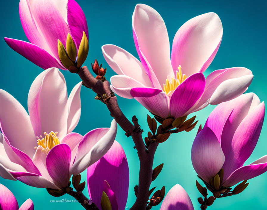 Vibrant pink magnolia blossoms in different stages against teal background