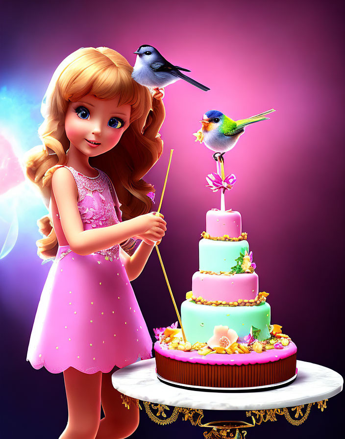 Digital Illustration: Girl in Pink Dress with Wand by Tiered Cake