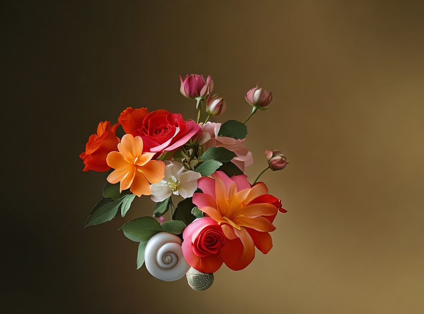 Colorful Orange and Pink Rose Bouquet with White Shells on Brown Background