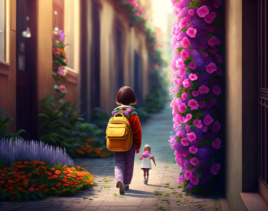 Child walking down flower-lined alley with backpack and doll under warm sunlight.