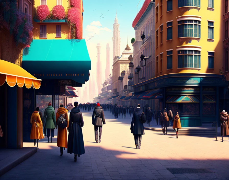 Vintage-themed animated cityscape with pedestrians and quaint shops under a sunlit sky