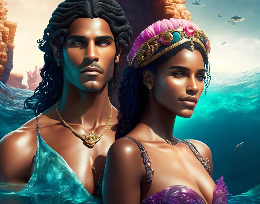 Stylized man and woman in mystical ocean fantasy scene