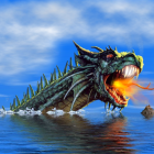 Blue and Green Dragon Breathing Fire by the Ocean