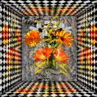 Colorful orange and yellow flower bouquet in blue vase on surreal checkered background