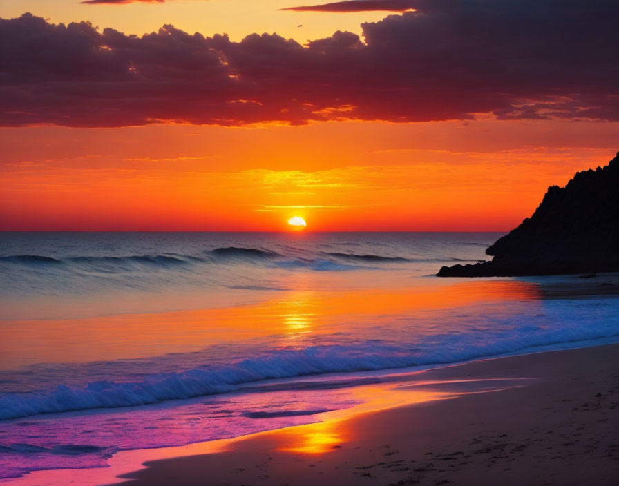 Scenic sunset over ocean with purple and orange skies, waves on sandy beach, sun near rocky cliff