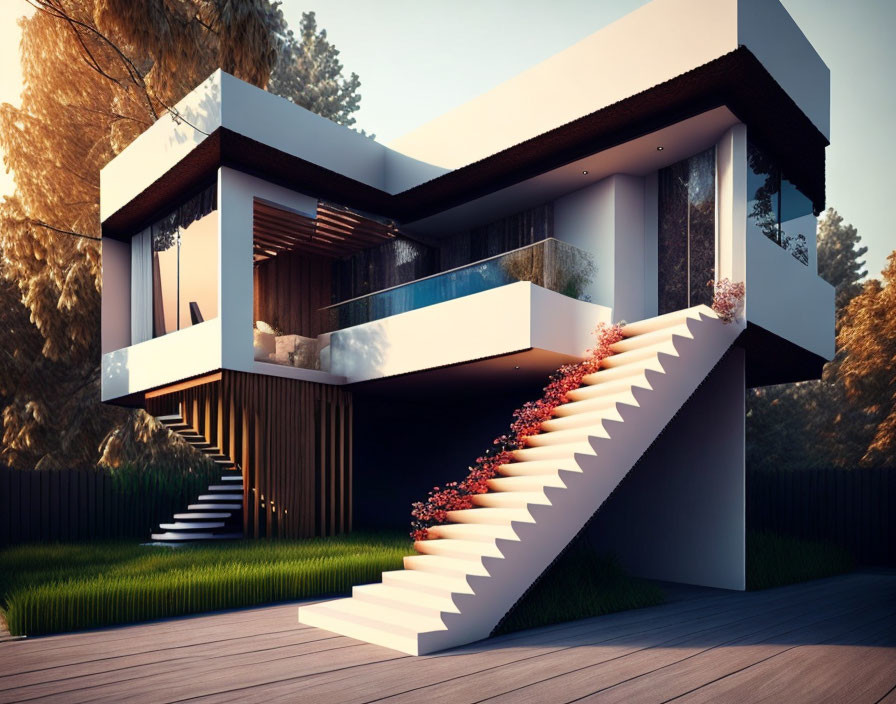 Geometric Design Two-Story House with Large Windows and Floating Staircase at Dusk