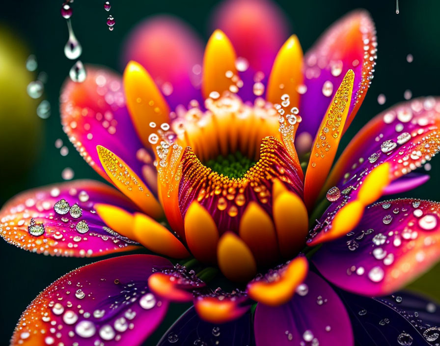 Colorful Flower with Orange and Purple Petals in Water Droplets on Green Background