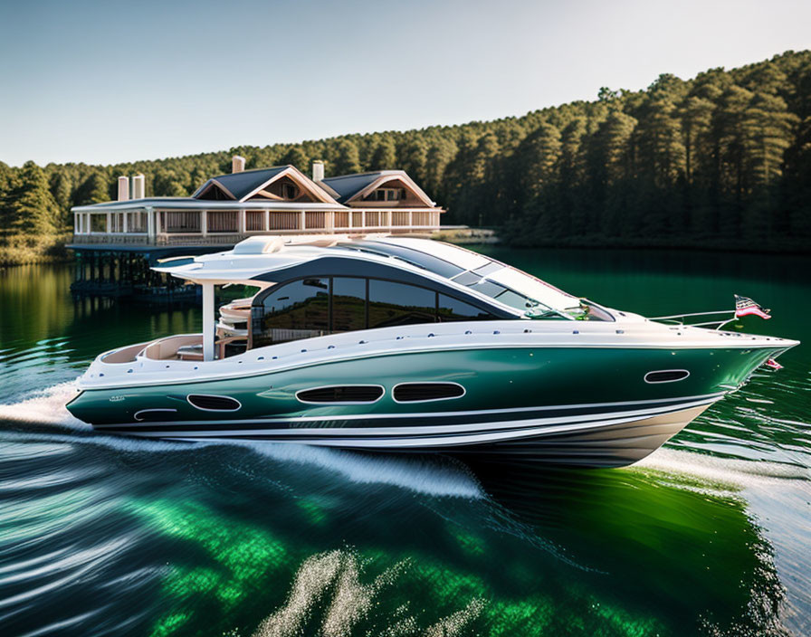 Luxurious motor yacht near lakeside house and trees on calm waters