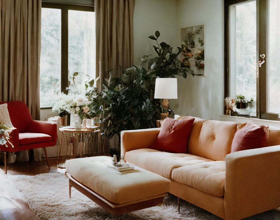 Beige sofa, red accent chair, houseplants, painting in cozy living room