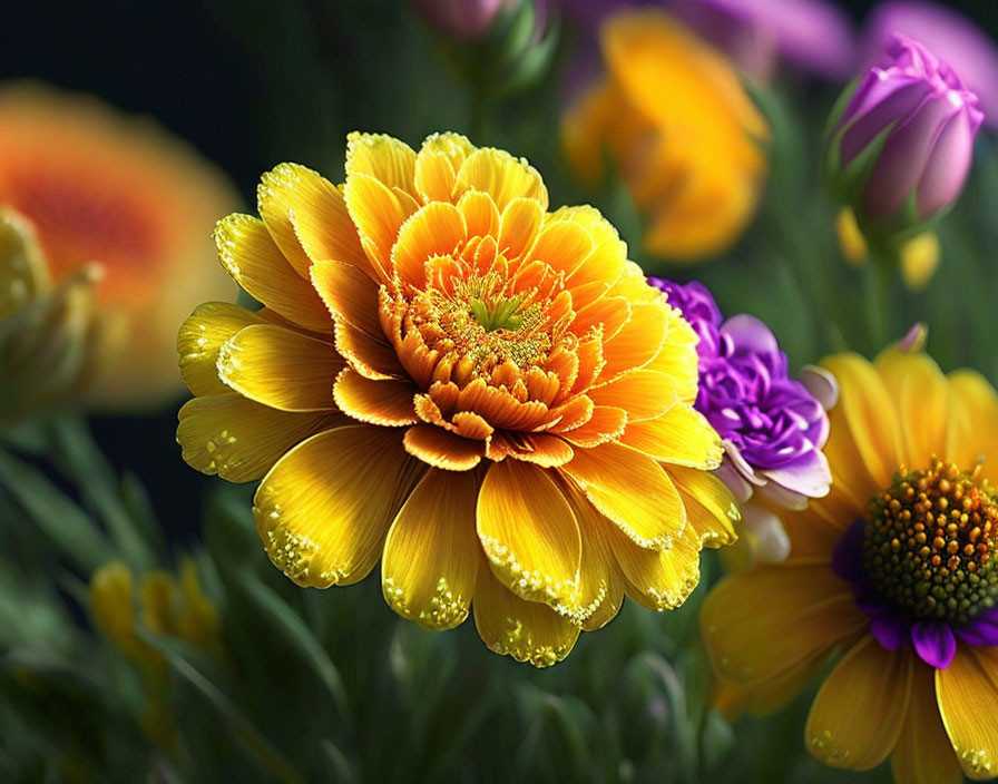 Colorful Flower with Water Droplets Surrounded by Green Leaves