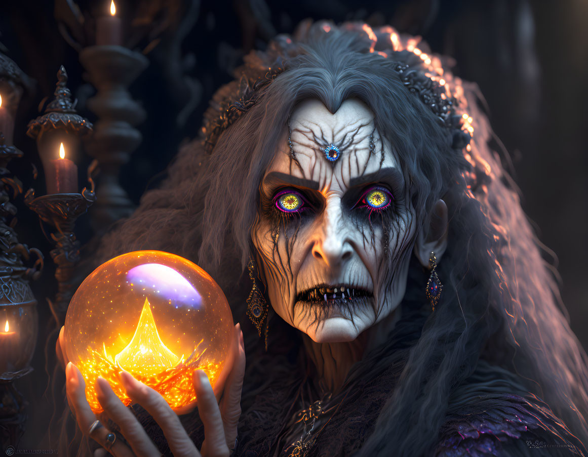 Sinister witch with purple eyes and crystal ball in dark robes