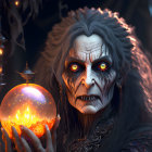 Sinister witch with purple eyes and crystal ball in dark robes