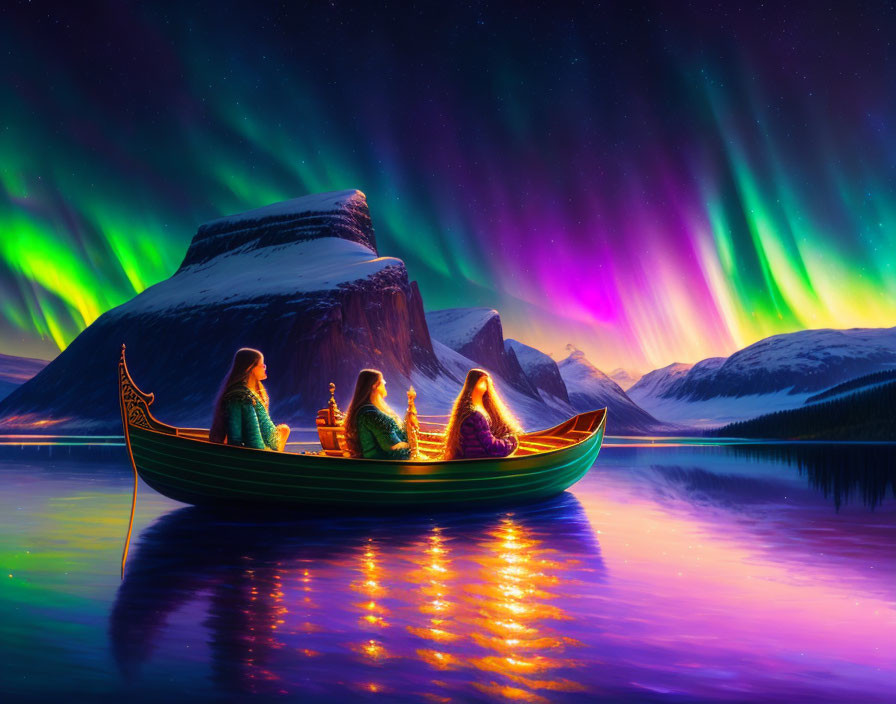 Four People Boating Under Vibrant Aurora Borealis