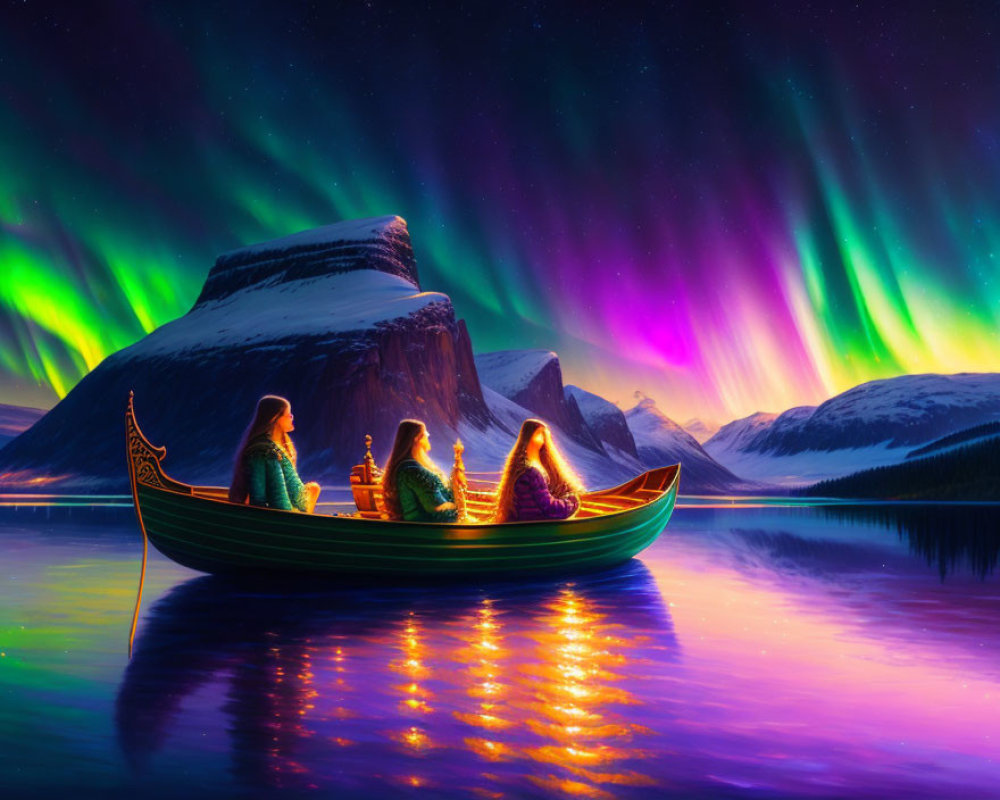 Four People Boating Under Vibrant Aurora Borealis