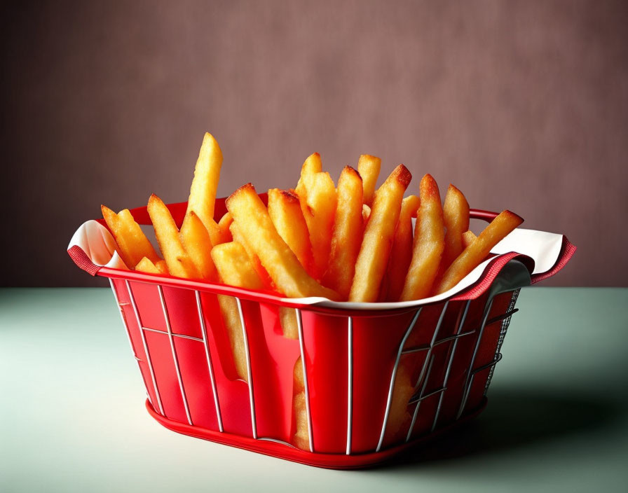 Red Basket with Golden French Fries on Two-Tone Background