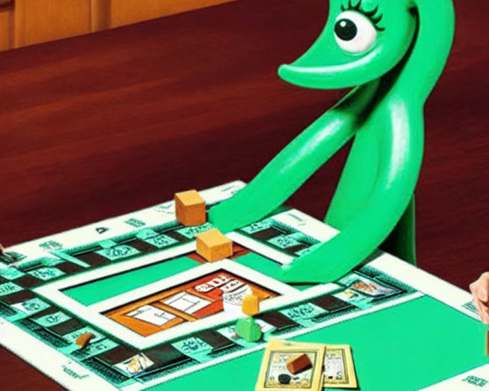 One-eyed green animated character playing Monopoly with dice and houses on board