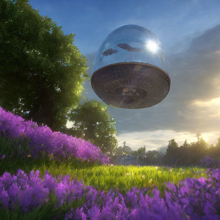 Reflective UFO over purple flower field under sunlit sky