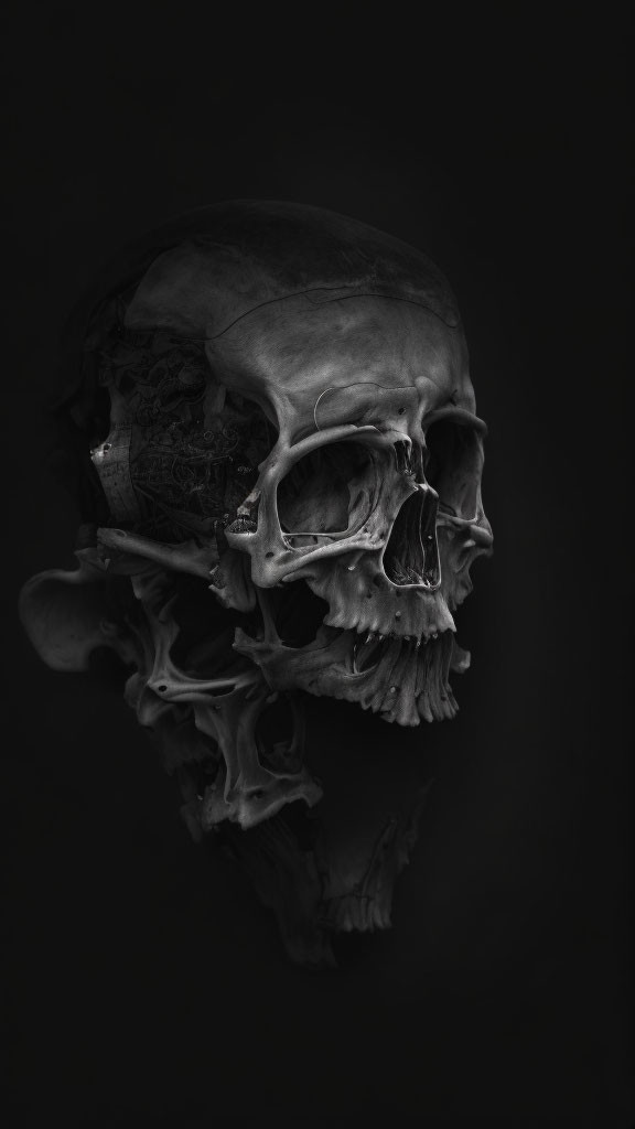 Monochromatic human skull in profile on dark background with reflection