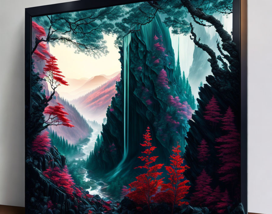 Vibrant colorful forest with waterfall on monitor display