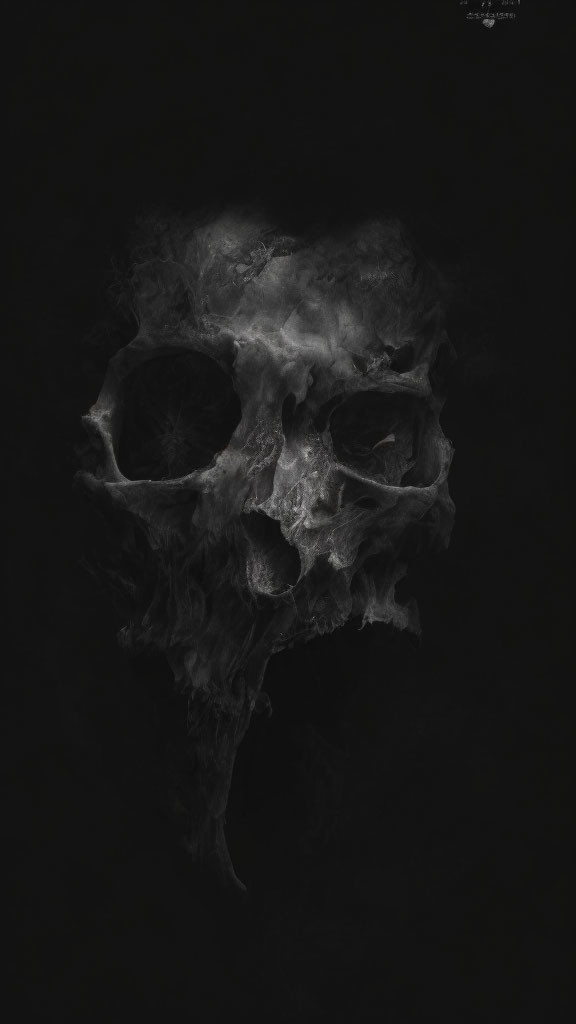 Monochrome human skull art with smoky textures on black background