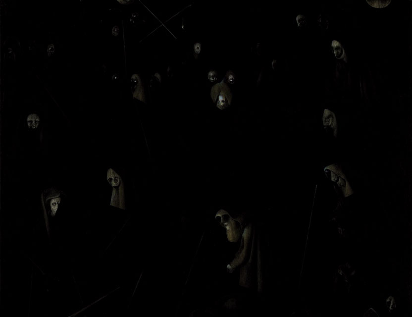 Dark image of ominous figures with glowing eyes in shadows